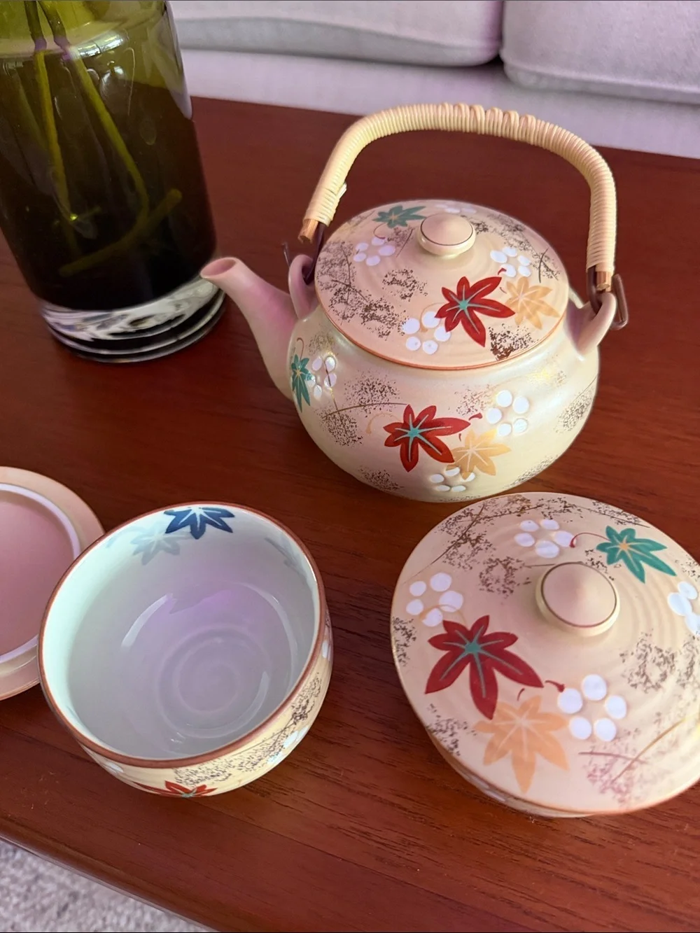 Cream Ceramic Teapot and Lidded Bowls Set with Floral Accents